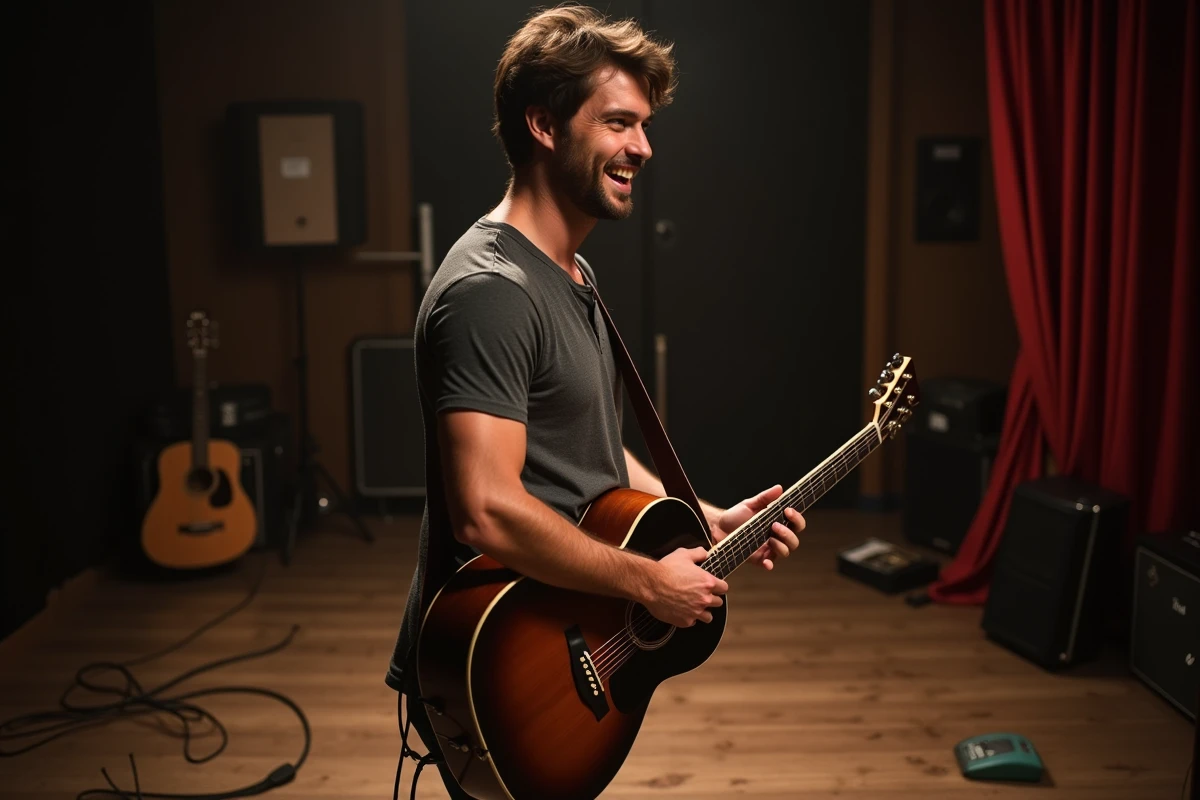 Jeune musicien tenant une guitare acoustique en coulisses d'une petite salle de concert, atmosphère intimiste rappelant la carrière musicale de Michael Galeotti