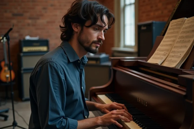 Musicien assis au piano dans un studio de répétition avec des murs en briques apparentes, évoquant l'univers artistique de Michael Galeotti
