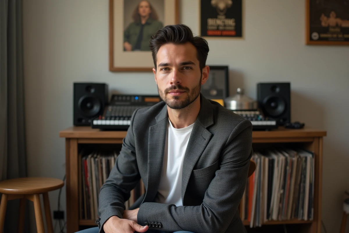 Portrait d'un musicien dans un home studio avec console de mixage et disques vinyles, illustration de la vie artistique et personnelle de Michael Galeotti
