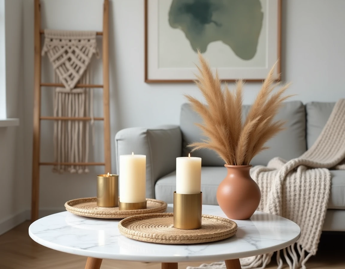 Collection d'objets décoratifs artisanaux sur une table basse en marbre dans un intérieur scandinave