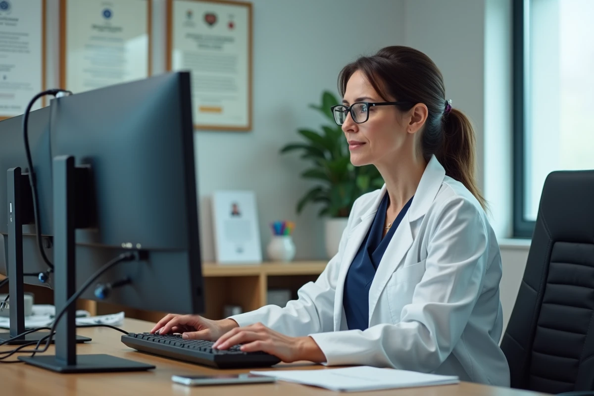 Oncologist analyzing blood test results on a computer to detect cancer early in a medical office
