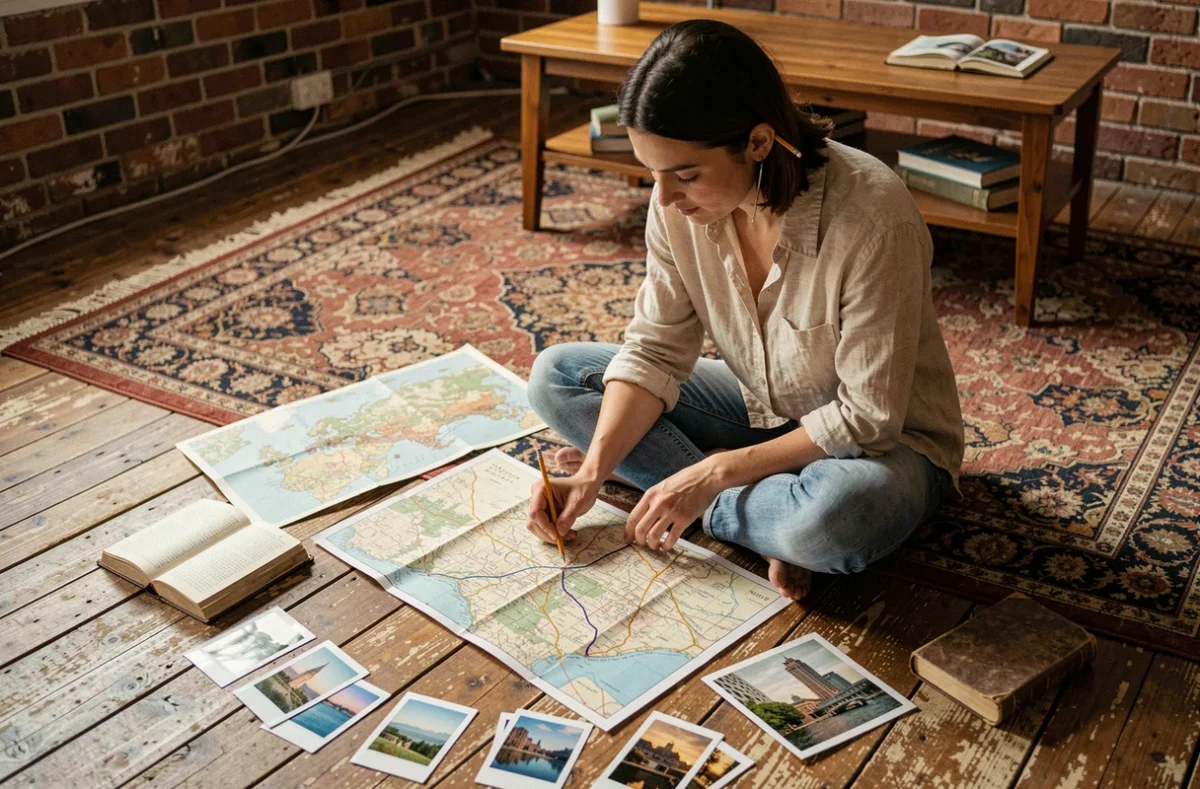 Femme planifiant un voyage personnalisé entourée de cartes, de photos polaroid et d'un carnet de voyage ouvert sur un parquet en bois