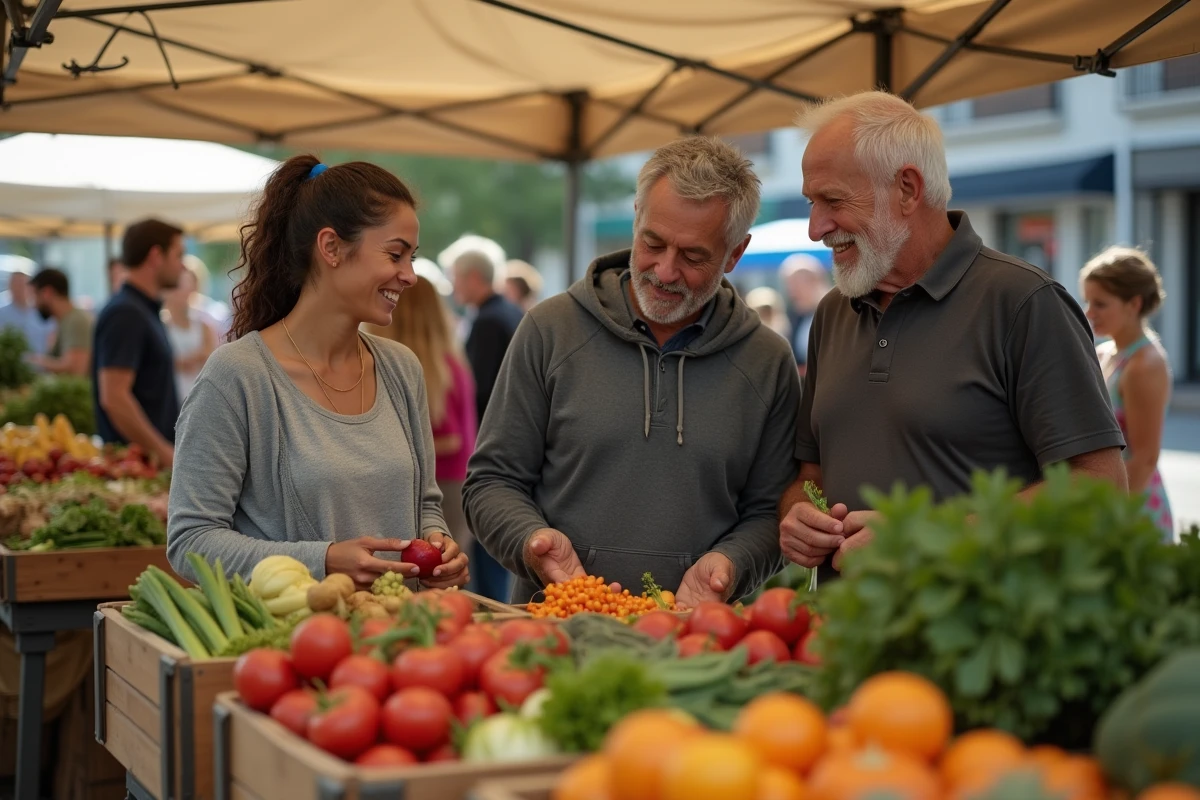 Groupe d'adultes d'âges variés choisissant des aliments sains sur un marché en plein air, symbolisant la prévention du diabète par l'alimentation équilibrée