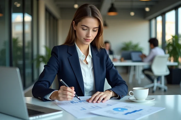 Jeune professionnelle en finance travaillant sur des rapports financiers dans un bureau moderne après un master El Karoui