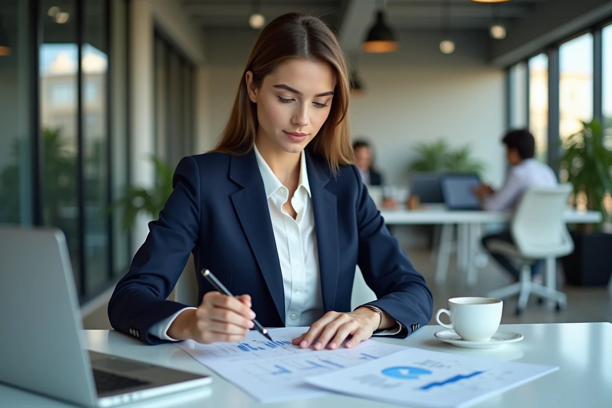 Jeune professionnelle en finance travaillant sur des rapports financiers dans un bureau moderne après un master El Karoui