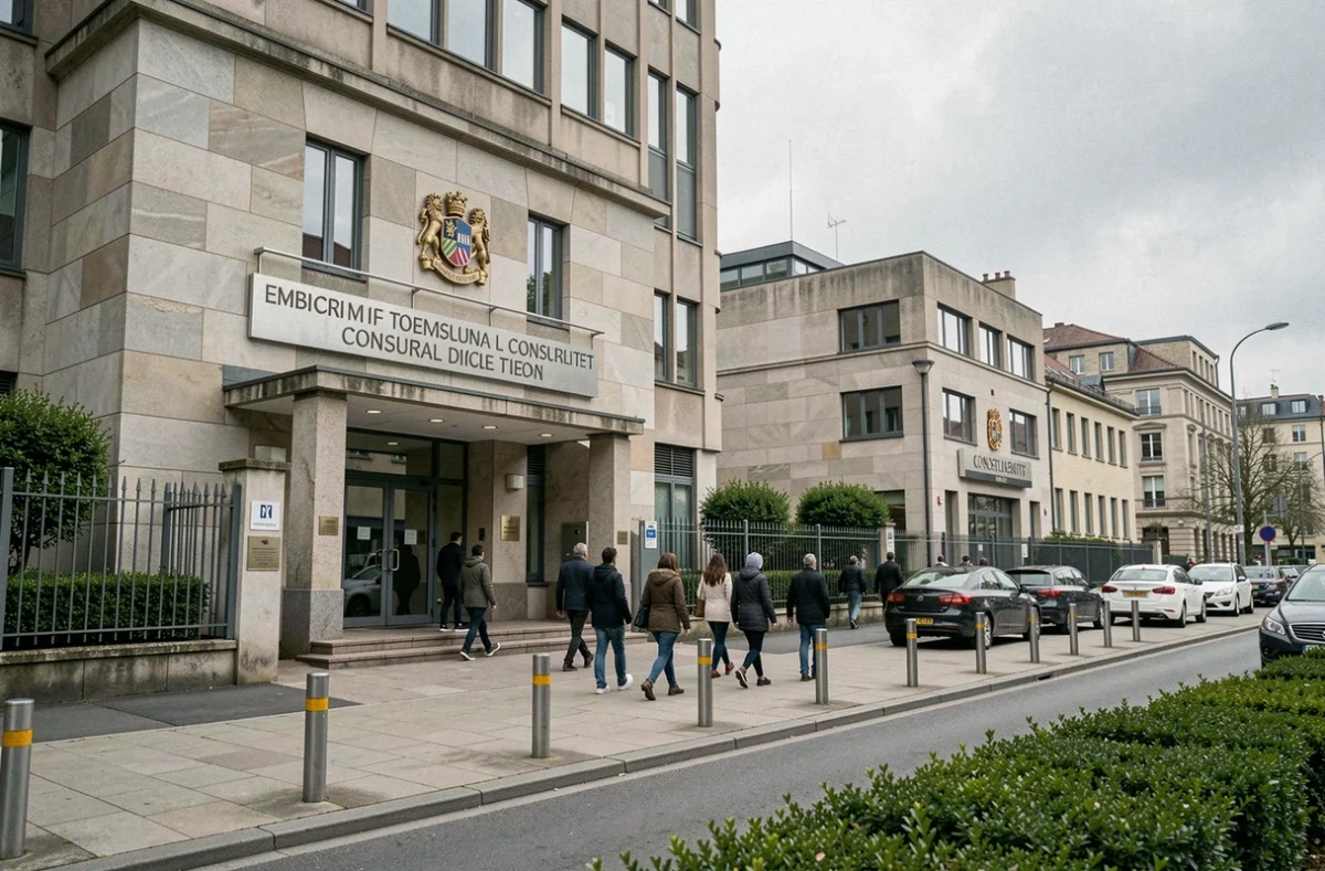 Vue de rue d'un quartier diplomatique montrant des bâtiments d'ambassade et de consulat côte à côte avec passants