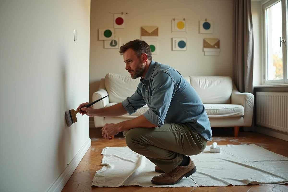 Homme rénovant un salon en appliquant de la peinture texturée sur un mur intérieur