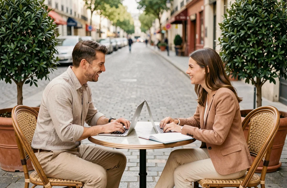 Deux jeunes professionnels en réunion de travail informelle dans un café parisien avec ordinateurs portables
