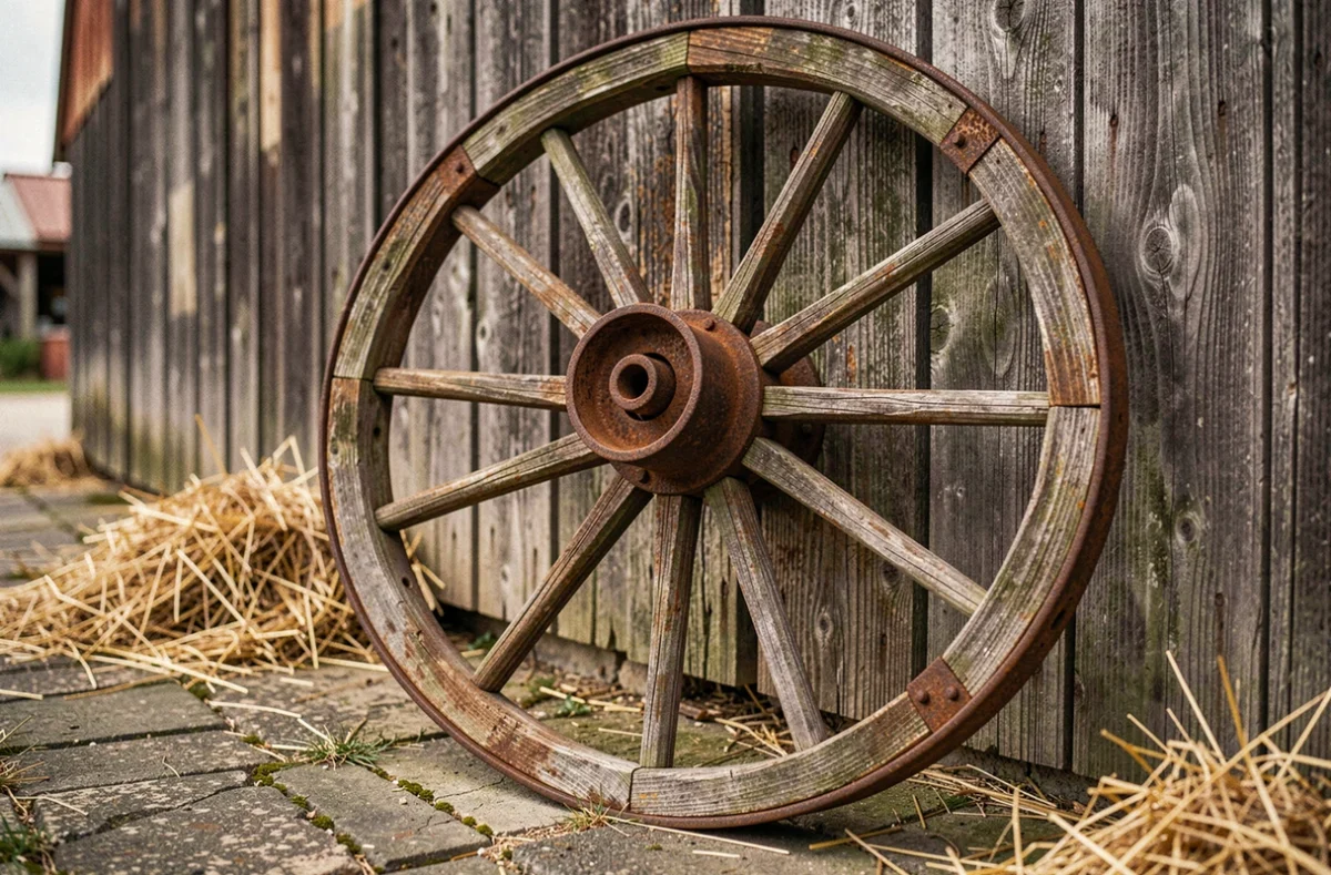 Roue en bois ancienne appuyée contre une grange rustique, montrant les rayons, le moyeu et le cercle en fer forgé