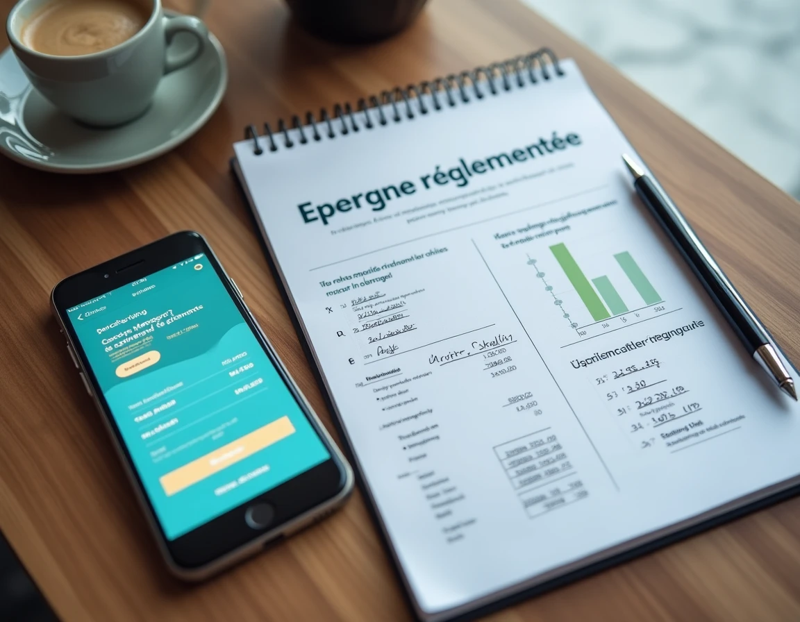 Smartphone et documents bancaires pour calculer le taux du livret carré mauve Crédit Agricole