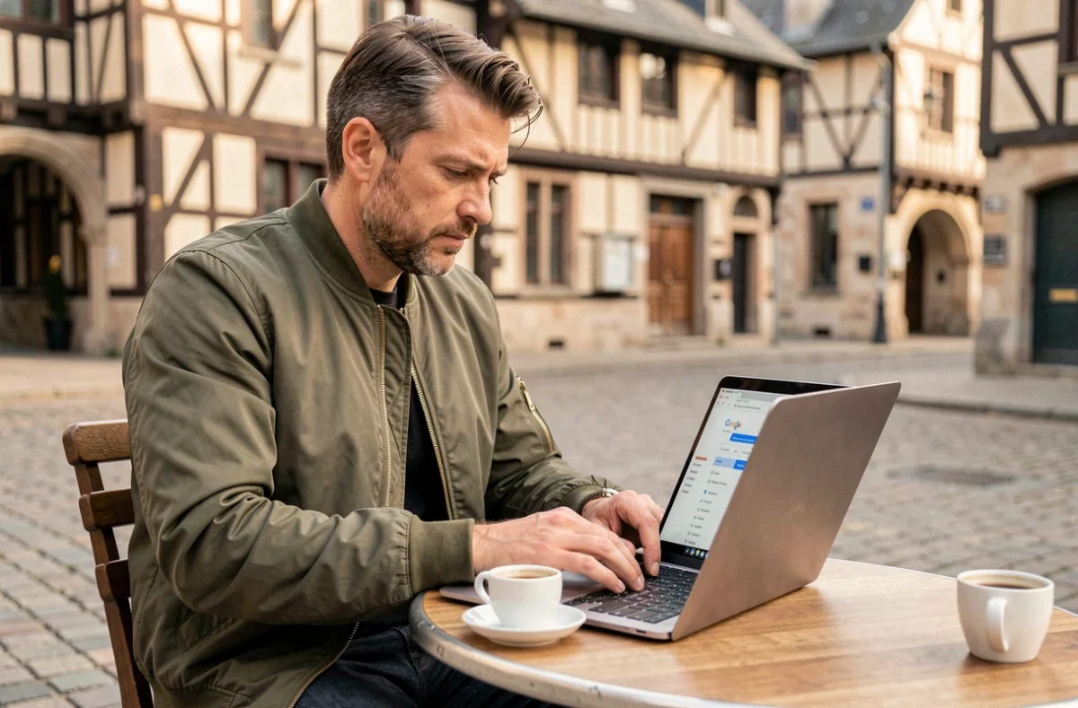 Spécialiste SEO à Rennes travaillant en extérieur sur une analyse de référencement Google au cœur de la ville bretonne