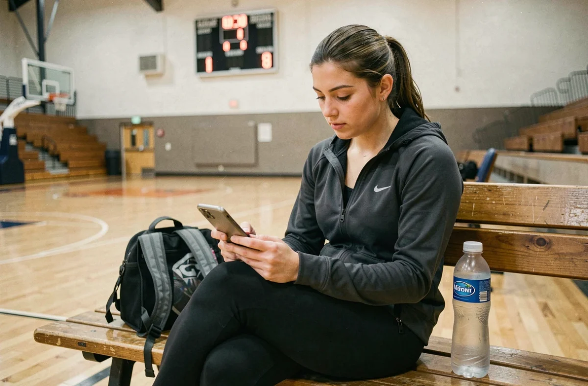 Jeune femme sportive consultant les actualités sportives locales sur son smartphone dans une salle omnisports régionale