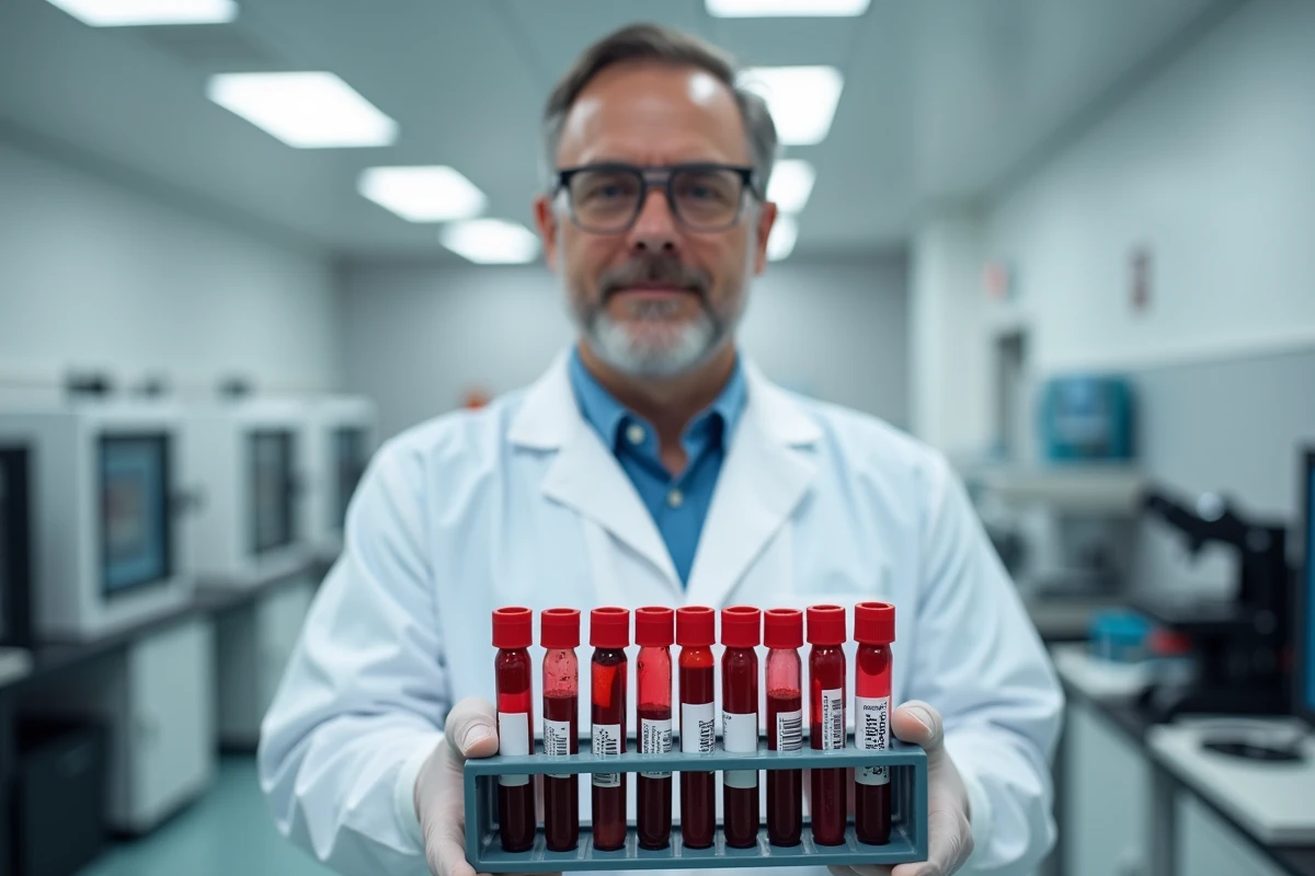 Laboratory technician holding blood sample tubes for oncological analysis in a medical laboratory