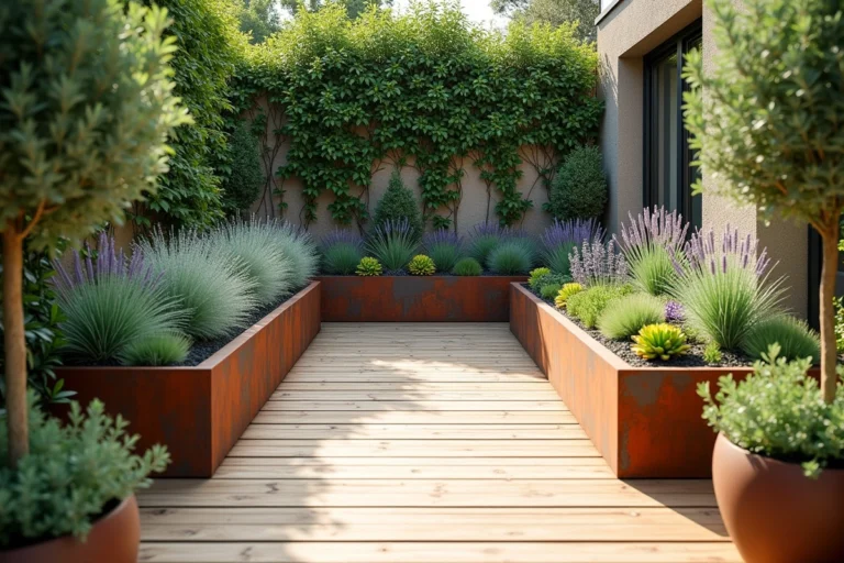 Terrasse jardin contemporain avec plantes ornementales, jardinières en acier Corten et plancher en teck, tendances aménagement extérieur
