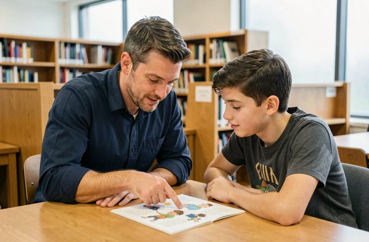 Un tuteur bénévole accompagnant un jeune adulte dans un exercice de lecture dans une bibliothèque publique