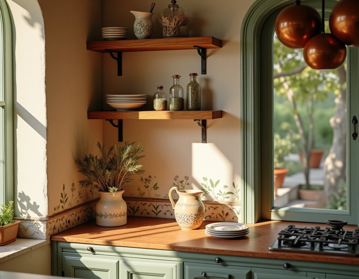 Étagères cuisine décorées de vaisselle artisanale peinte à la main dans une cuisine style méditerranéen