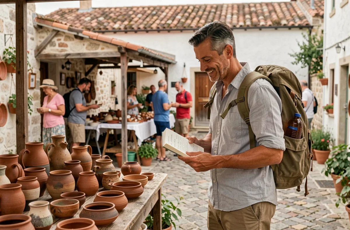 Voyageur explorant un marché artisanal méditerranéen avec un guide de voyage annoté à la main, ambiance authentique et locale